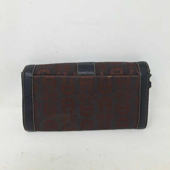 Etienne Aigner Brown Black Leather Signature Jacquard Accordian Snap Wallet - Picture 2 of 13